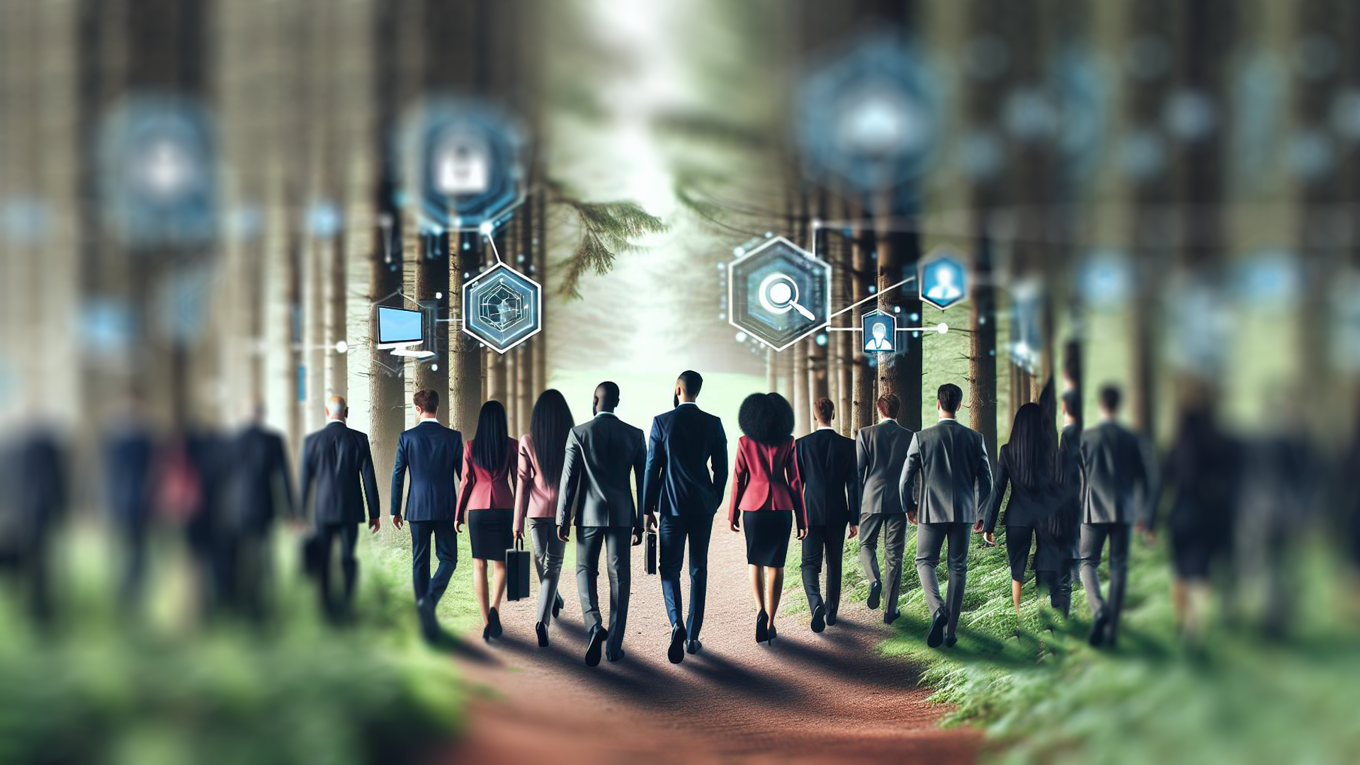 Joukko päättäjiä kävelemässä metsässä pitkin polkua.