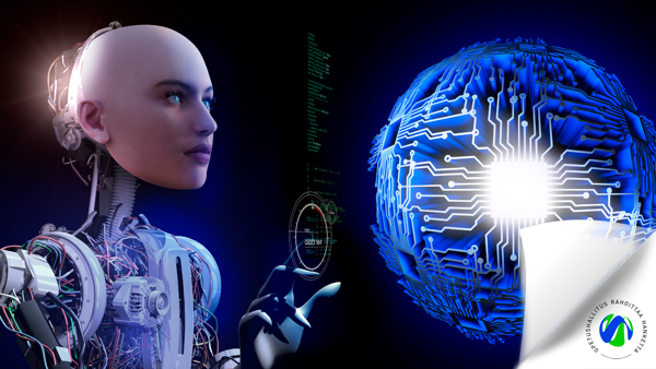 Ihmiskasvoinen robotti katsoo futuristista palloa. OPH rahoittaa hanketta -logo ylänurkassa.
