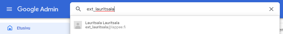 Google Admin -hakuruutu, jossa haetaan "ext_lauritsala" -tekstillä.