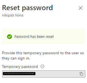 Reset password -valintaikkuna.