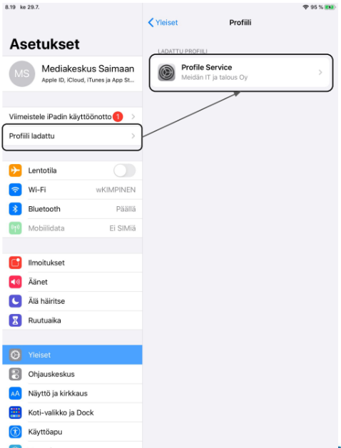 iPadin valikko, jossa "Profiili ladattu" valittuna.