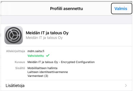 "Valmis" valittuna valikosta.
